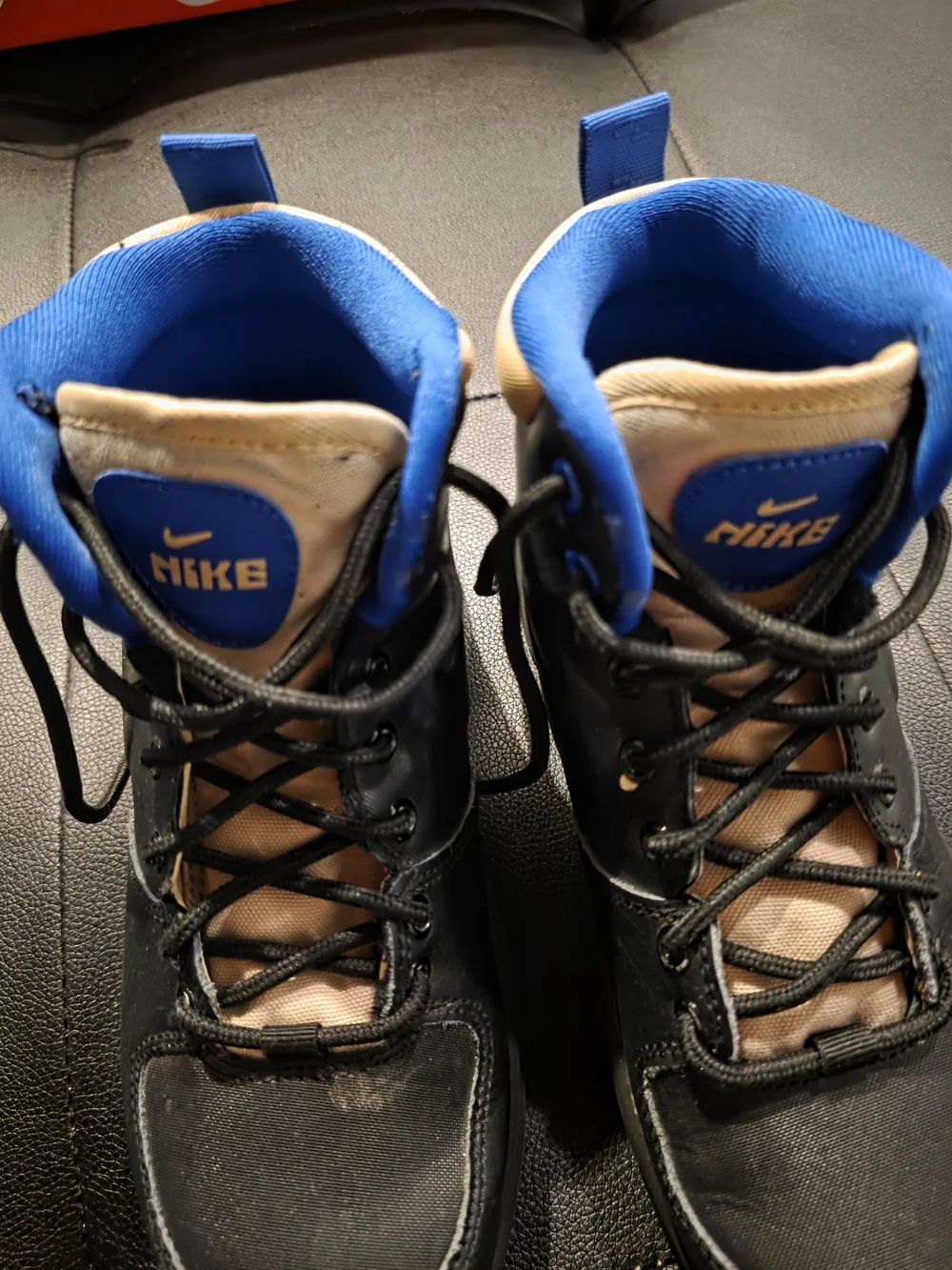 Boy's Nike Black High-Top Leather Boots with Blue And Tan Accents